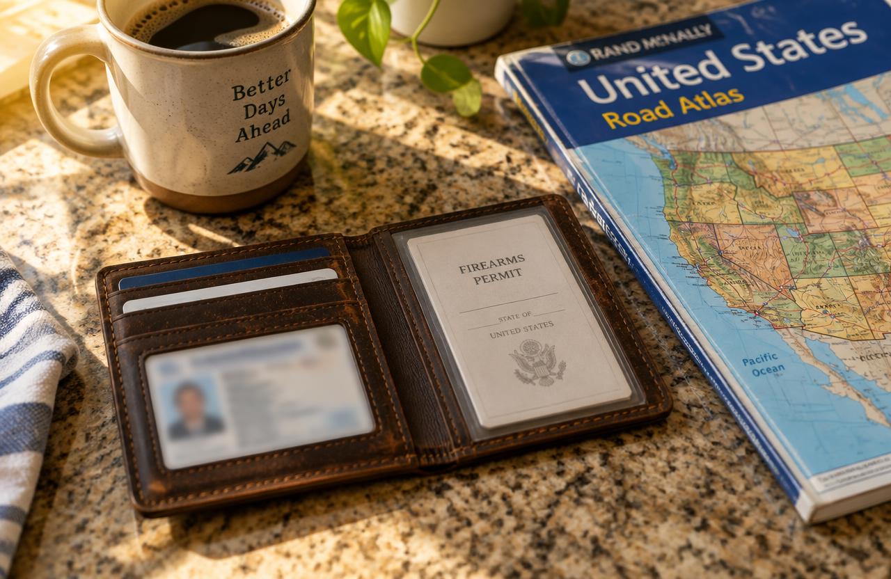 Permit wallet next to a US road atlas